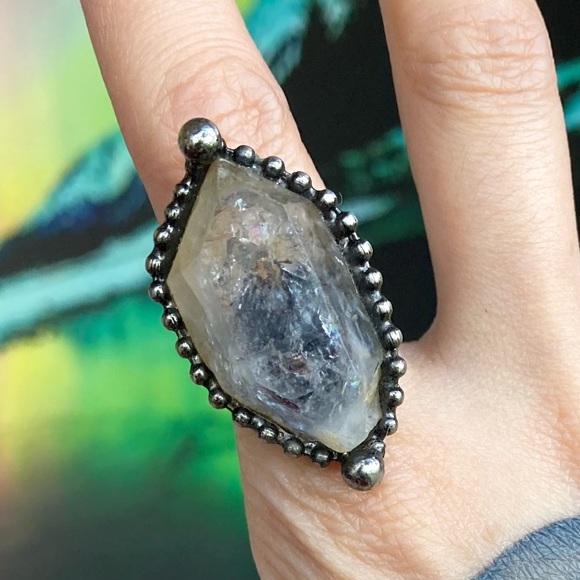 Natural phantom smokey crystal quartz gemstone adjustable ring boho goth - Picture 4 of 15